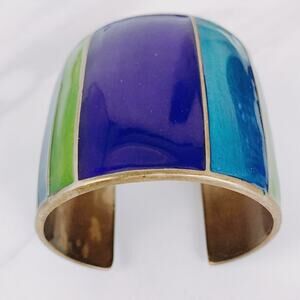 VTG Y2K Signed Kenneth Cole Brass Cuff Bracelet Enamel Color Block Wide Modern